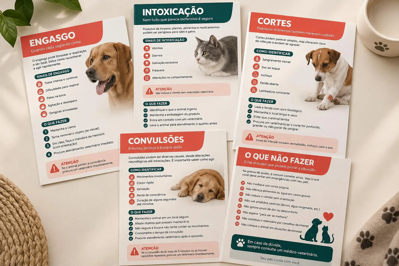 Páginas internas do manual sobre engasgo, intoxicação, cortes, convulsões e o que não fazer