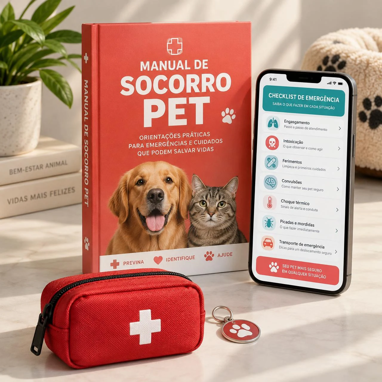 E-book e celular mostrando o Manual de Socorro Pet