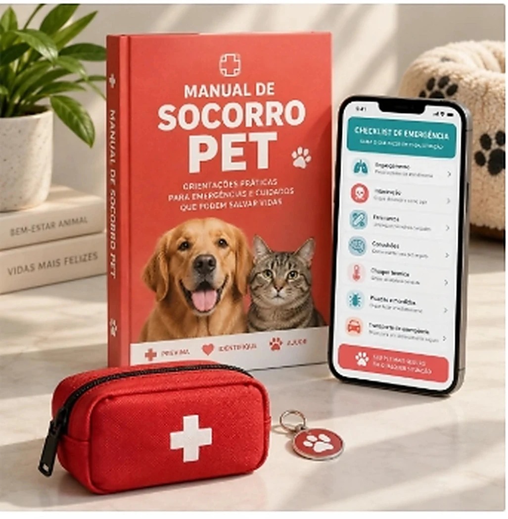 Manual de Socorro Pet com livro, celular e estojo de primeiros socorros